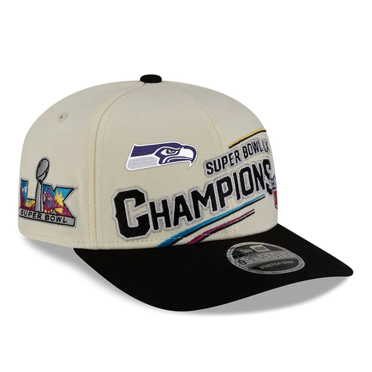Seattle Seahawks NFL New Era Men's Cream 9SEVENTY Super Bowl LX Champions Locker Room Stretch Snapback