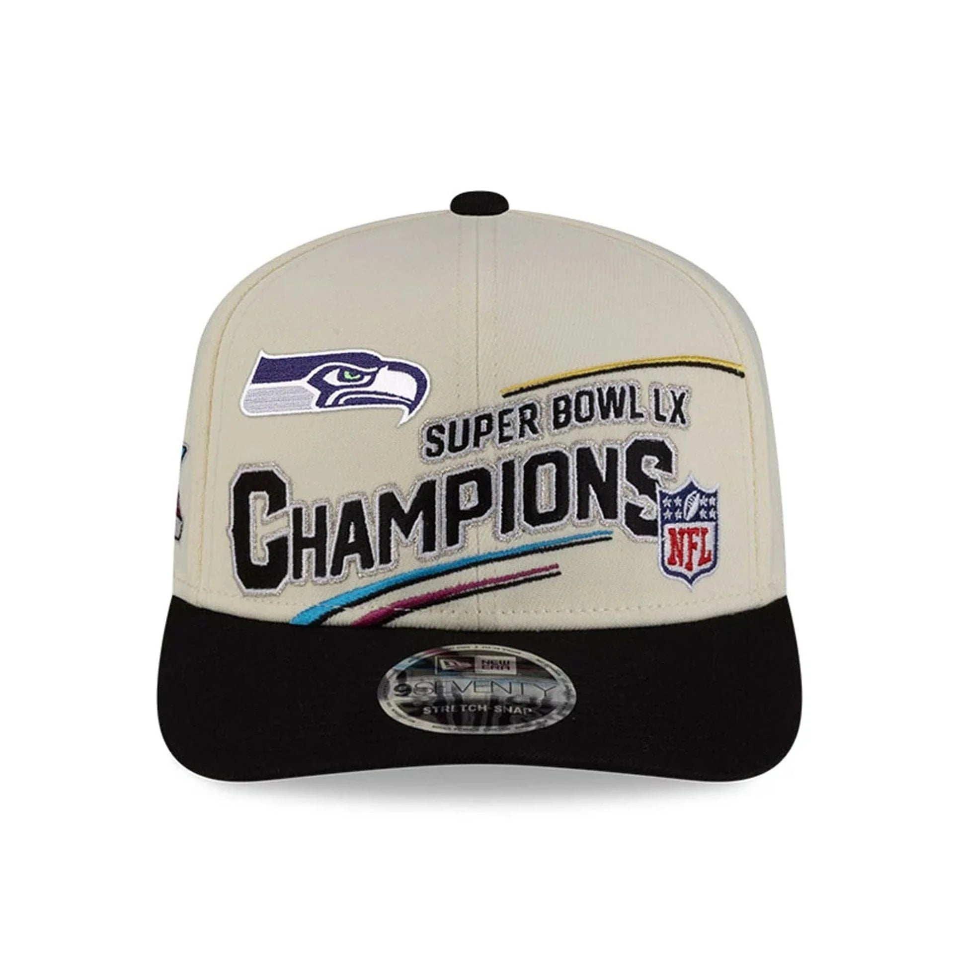 Casquette snapback extensible Seattle Seahawks NFL New Era pour homme, couleur crème, modèle 9SEVENTY Super Bowl LX Champions.