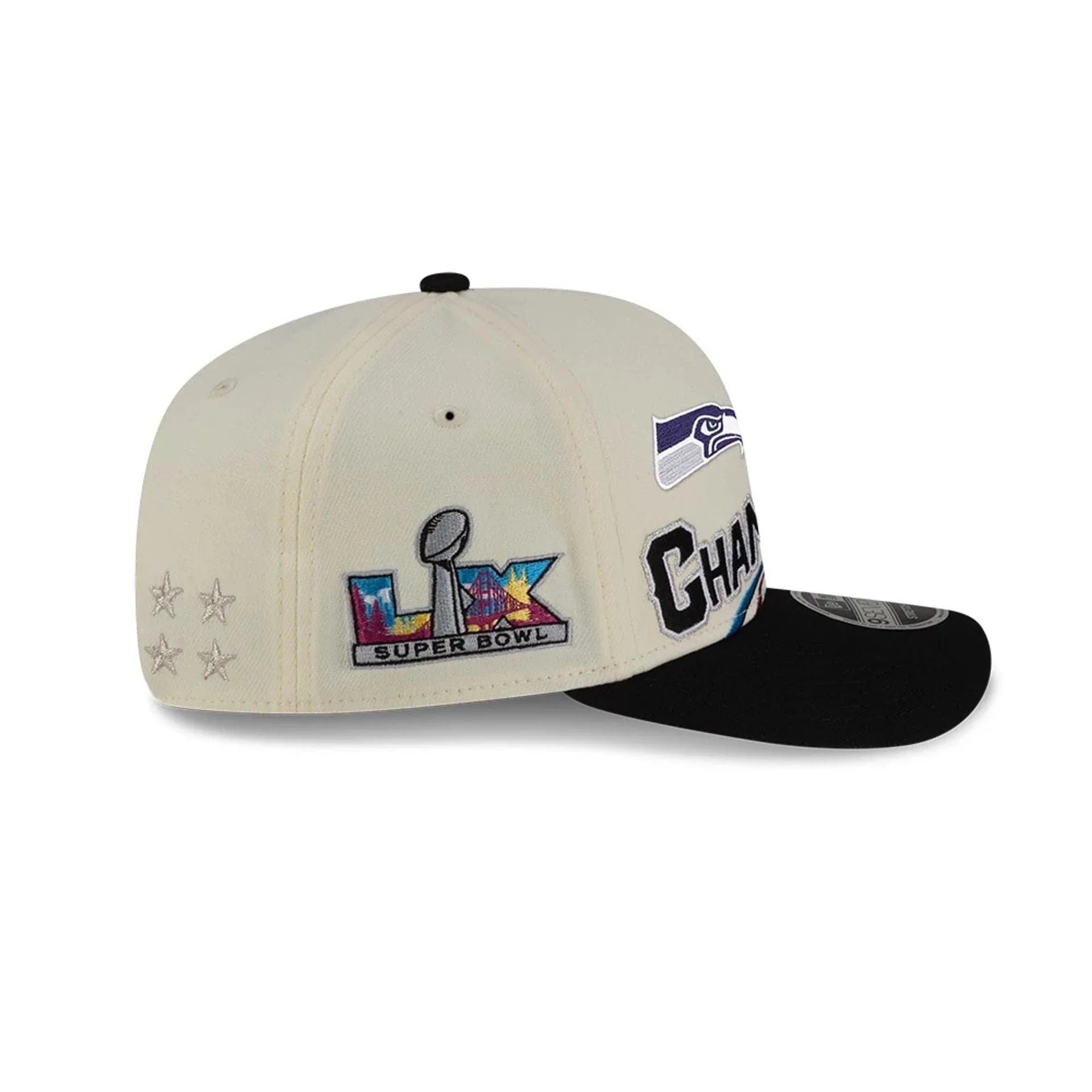 Casquette snapback extensible Seattle Seahawks NFL New Era pour homme, couleur crème, modèle 9SEVENTY Super Bowl LX Champions.