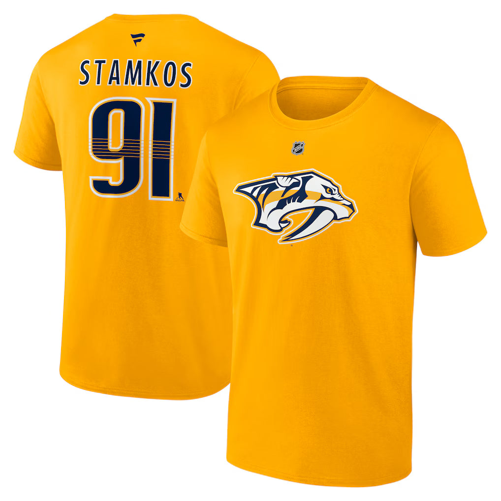 T-shirt authentique pour homme de marque Steven Stamkos Nashville Predators NHL Fanatics jaune or