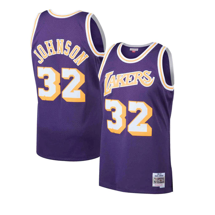 Magic Johnson Los Angeles Lakers NBA Mitchell & Ness Men's Purple 1984-85 Hardwood Classics Swingman Road Jersey