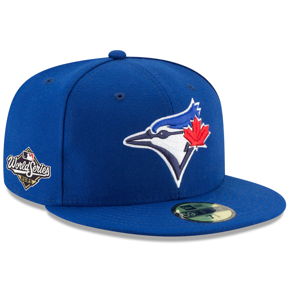 Casquette ajustée New Era 59Fifty bleu royal pour homme des Blue Jays de Toronto (MLB), édition spéciale Série mondiale 2025, avec écusson latéral.