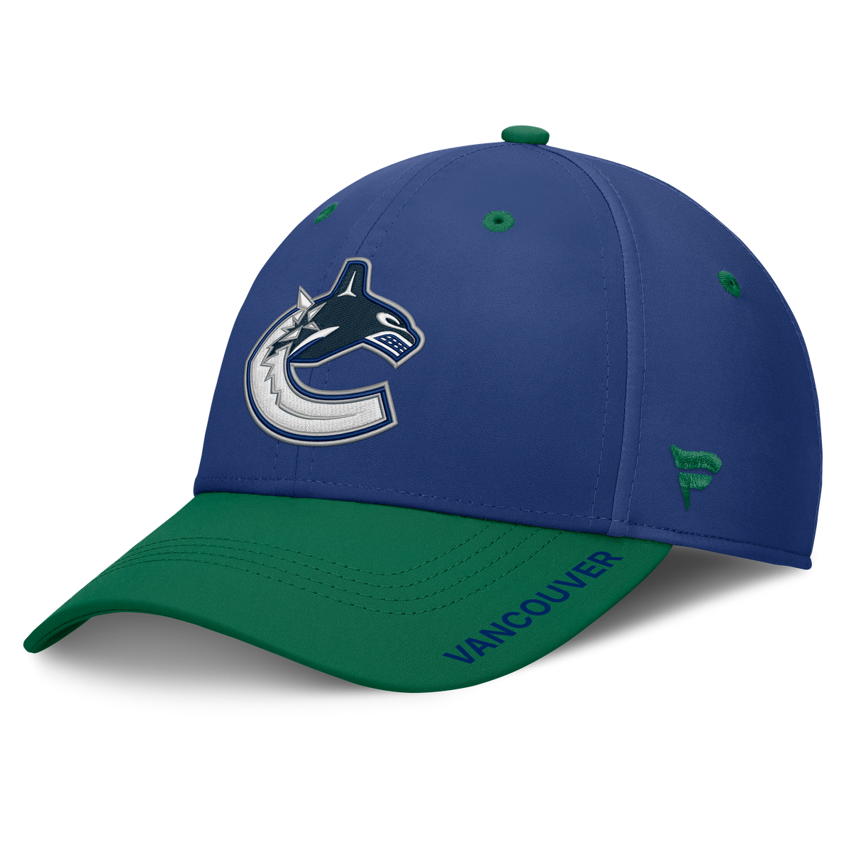 Vancouver Canucks NHL Fanatics Branded Men's Royal Blue/Green Authentic Pro Rink Stretch Fit Hat