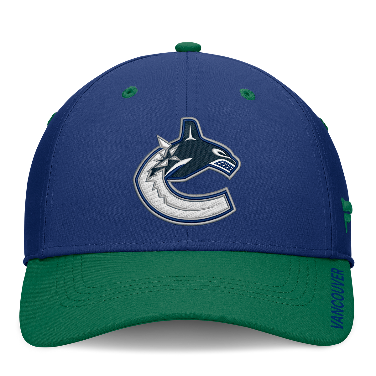 Vancouver Canucks NHL Fanatics Branded Men's Royal Blue/Green Authentic Pro Rink Stretch Fit Hat