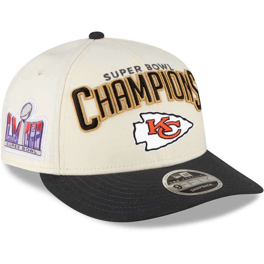 Kansas City Chiefs NFL New Era pour homme crème/noir profil bas 9Fifty Super Bowl LVIII Champions Locker Room Snapback