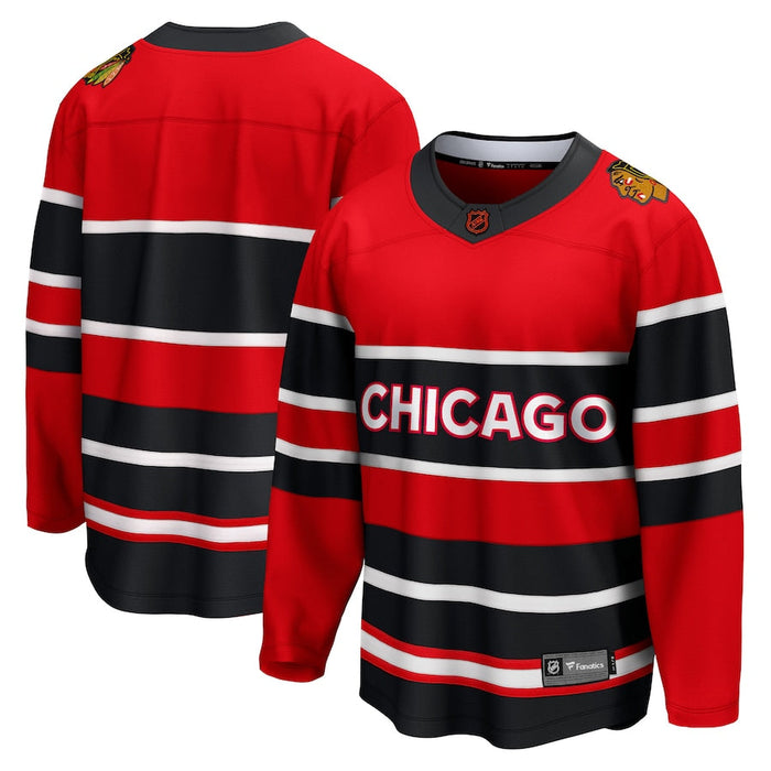 red white and blue blackhawks jersey