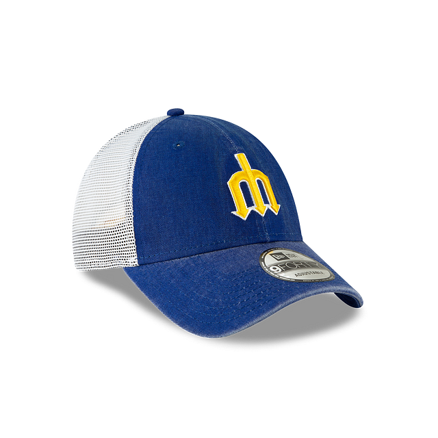 Seattle Mariners MLB New Era Casquette réglable bleue 9Forty Cooperstown Washed Trucker pour hommes