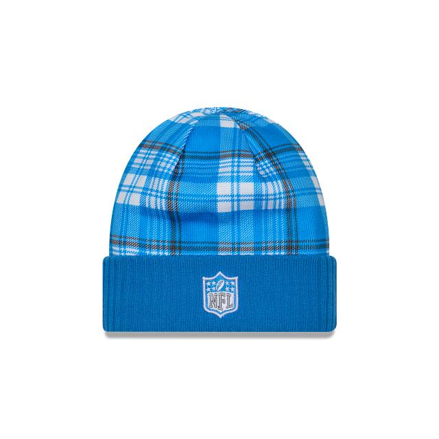 Bonnet en tricot bleu clair avec revers officiel 2024 des Detroit Lions NFL New Era pour homme