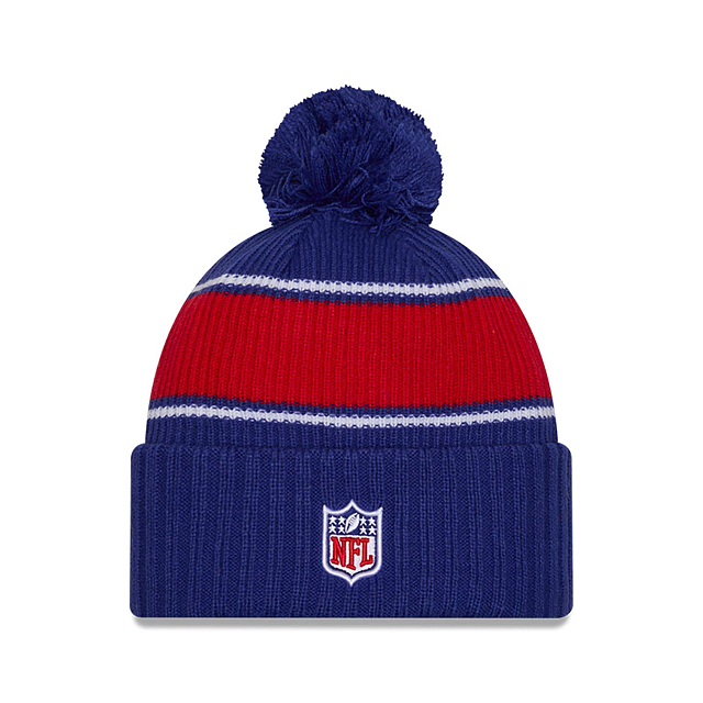 Bonnet à pompon en tricot bleu NFL New Era 2024 Sideline Sport pour homme des Buffalo Bills