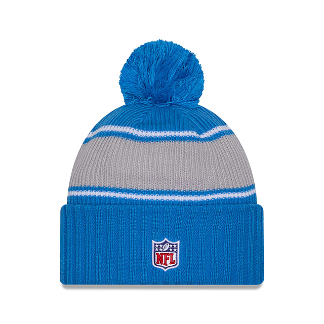 Bonnet tricoté à pompon bleu clair NFL 2024 Sideline Sport pour homme Detroit Lions New Era