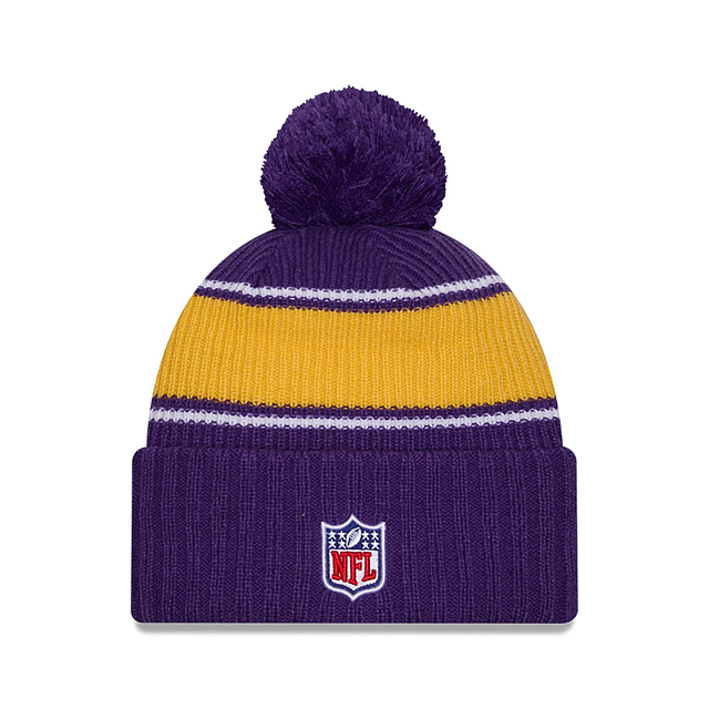 Bonnet tricoté à pompon pour homme NFL New Era 2024 Sideline Sport des Vikings du Minnesota violet