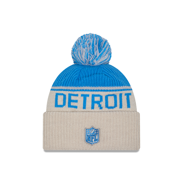 Bonnet à pompon en tricot bleu clair et beige pour homme Detroit Lions NFL New Era 2024 Sideline Historic Sport