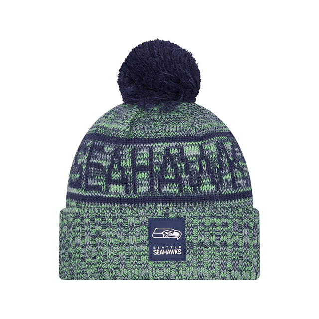 Bonnet à pompon tricoté Seattle Seahawks NFL New Era pour homme, bleu marine/vert, collection 2025.