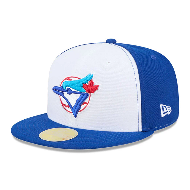 Casquette ajustée New Era 59Fifty Cooperstown Hall of Fame pour homme, blanche et bleu roi, des Blue Jays de Toronto (MLB), avec écusson latéral.
