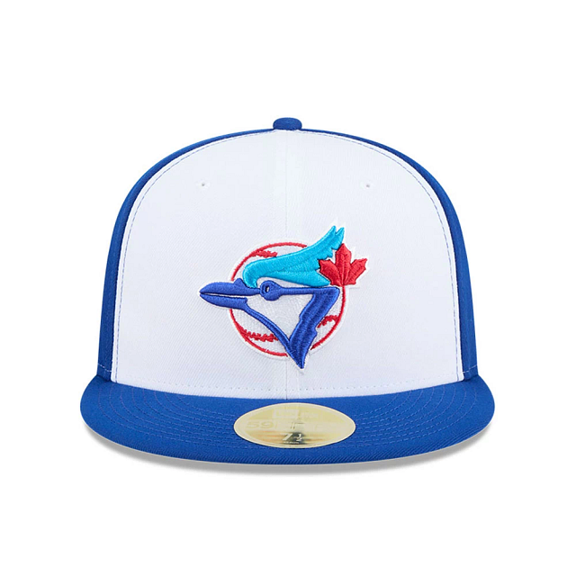 Casquette ajustée New Era 59Fifty Cooperstown Hall of Fame pour homme, blanche et bleu roi, des Blue Jays de Toronto (MLB), avec écusson latéral.