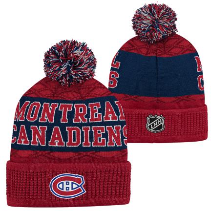 Bonnet en tricot avec pompon et revers en jacquard motif palet, rouge, pour jeunes, de marque Outerstuff, des Canadiens de Montréal (LNH)