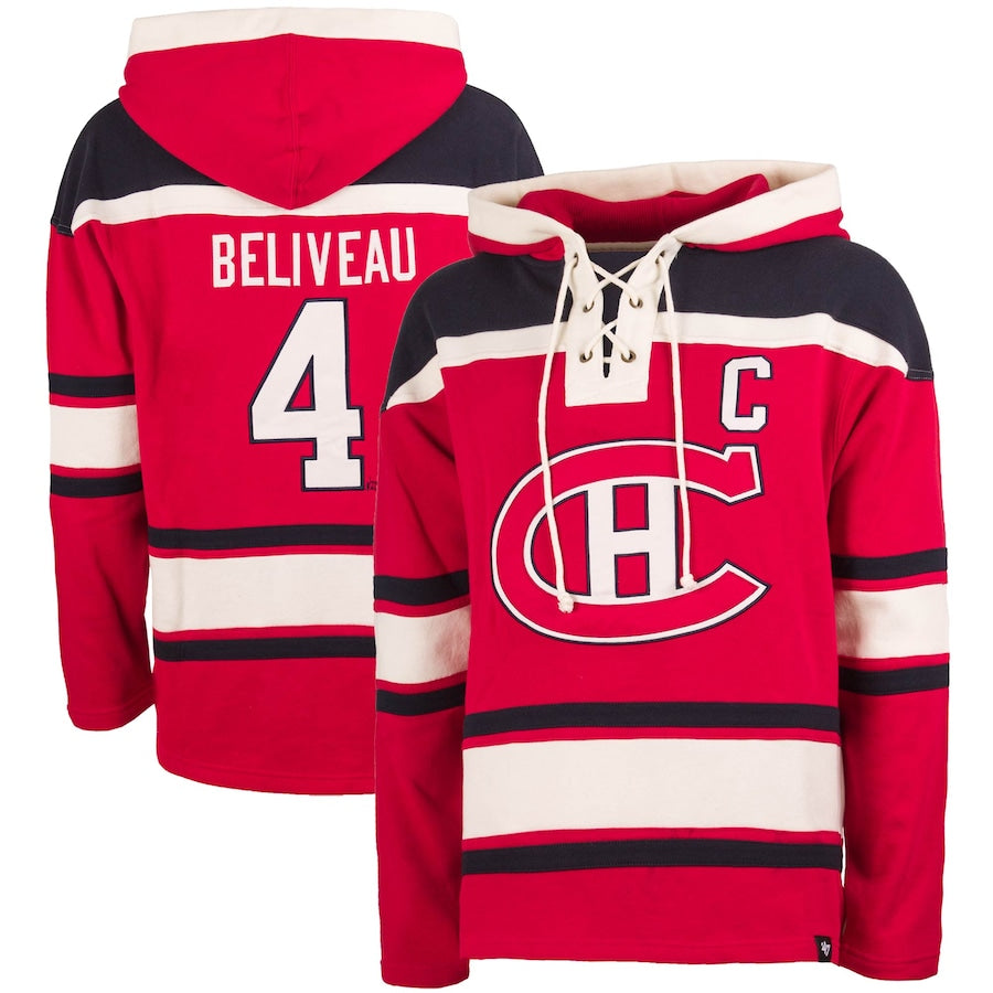 Jean Beliveau Montreal Canadiens NHL 47 Brand Men's Red Alumni Heavyweight Lacer Hoodie