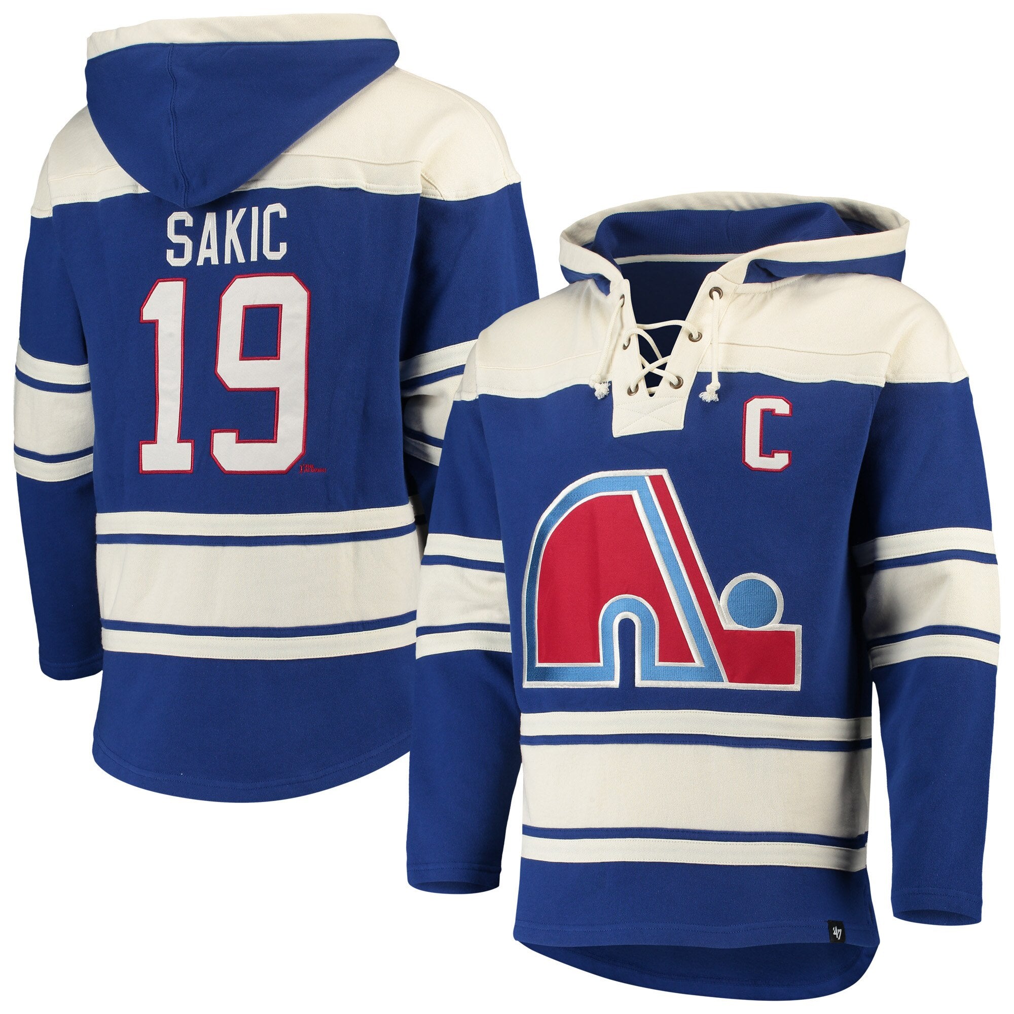 Joe Sakic Quebec Nordiques NHL 47 Brand Men's Alumni Royal Blue Heavyweight Lacer Hoodie