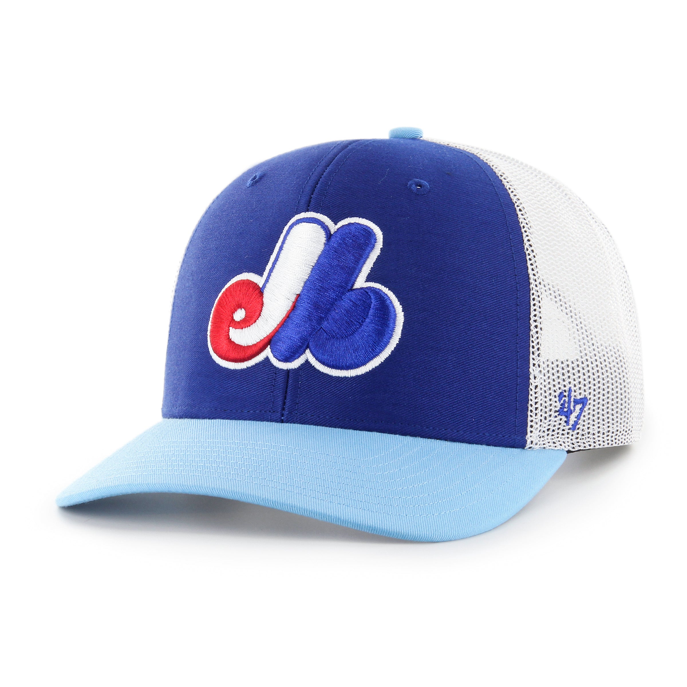 Montreal Expos MLB 47 Brand Men's Royal Blue/Light Blue Side Note Trucker Snapback