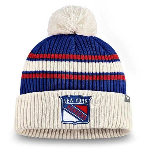 New York Rangers NHL Fanatics Branded Men's Cream/Royal Blue True Classic Cuff Pom Knit Hat