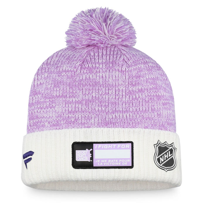 Montreal Canadiens NHL Fanatics Branded White/Purple 2023 Hockey Fights Cancer Authentic Pro Cuff Pom Knit Hat
