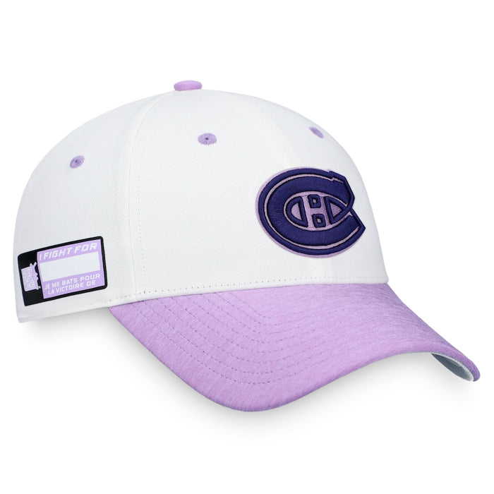 Montreal Canadiens NHL Fanatics Branded White/Purple 2023 Hockey Fights Cancer Authentic Pro Snapback