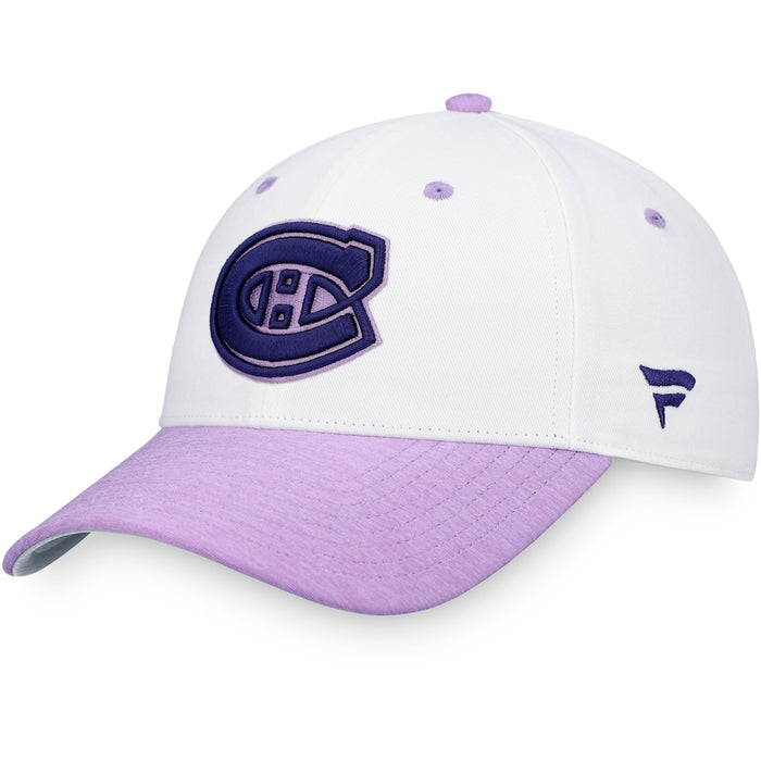 Montreal Canadiens NHL Fanatics Branded White/Purple 2023 Hockey Fights Cancer Authentic Pro Snapback