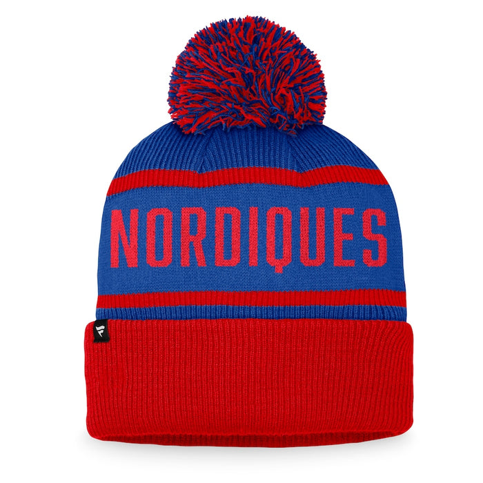 Quebec Nordiques NHL Fanatics Branded Men's Royal Blue/Red Heritage Cuff Pom Knit Hat
