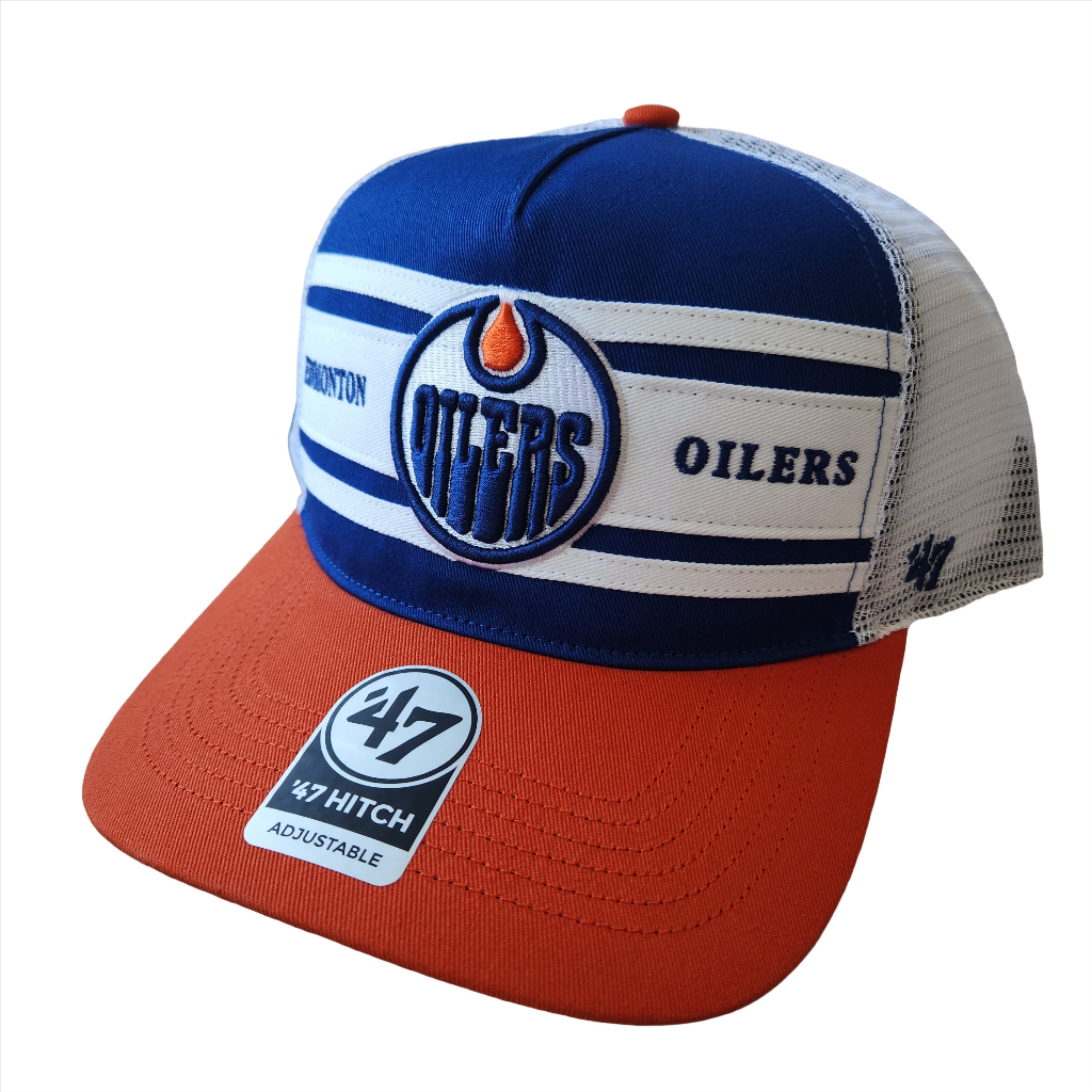 Casquette ajustable à rayures bleu royal/orange pour homme des Oilers d'Edmonton NHL 47 Brand