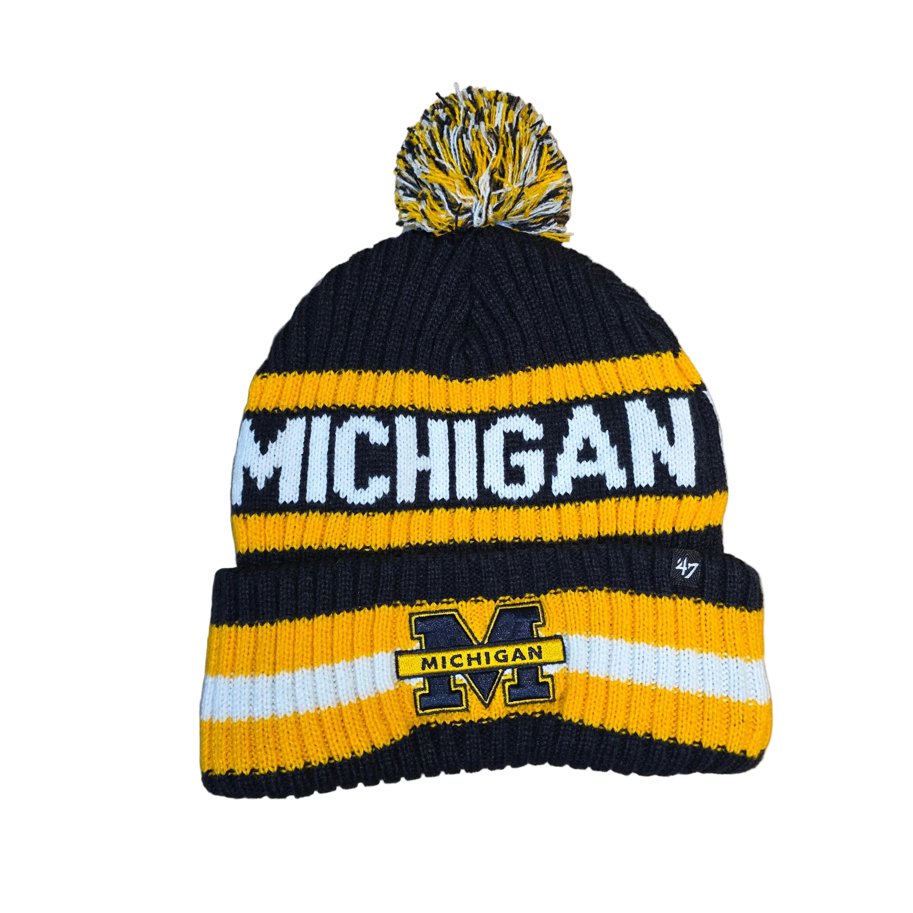 Michigan Wolverines NCAA 47 Brand Men's Navy Bering Cuff Pom Knit