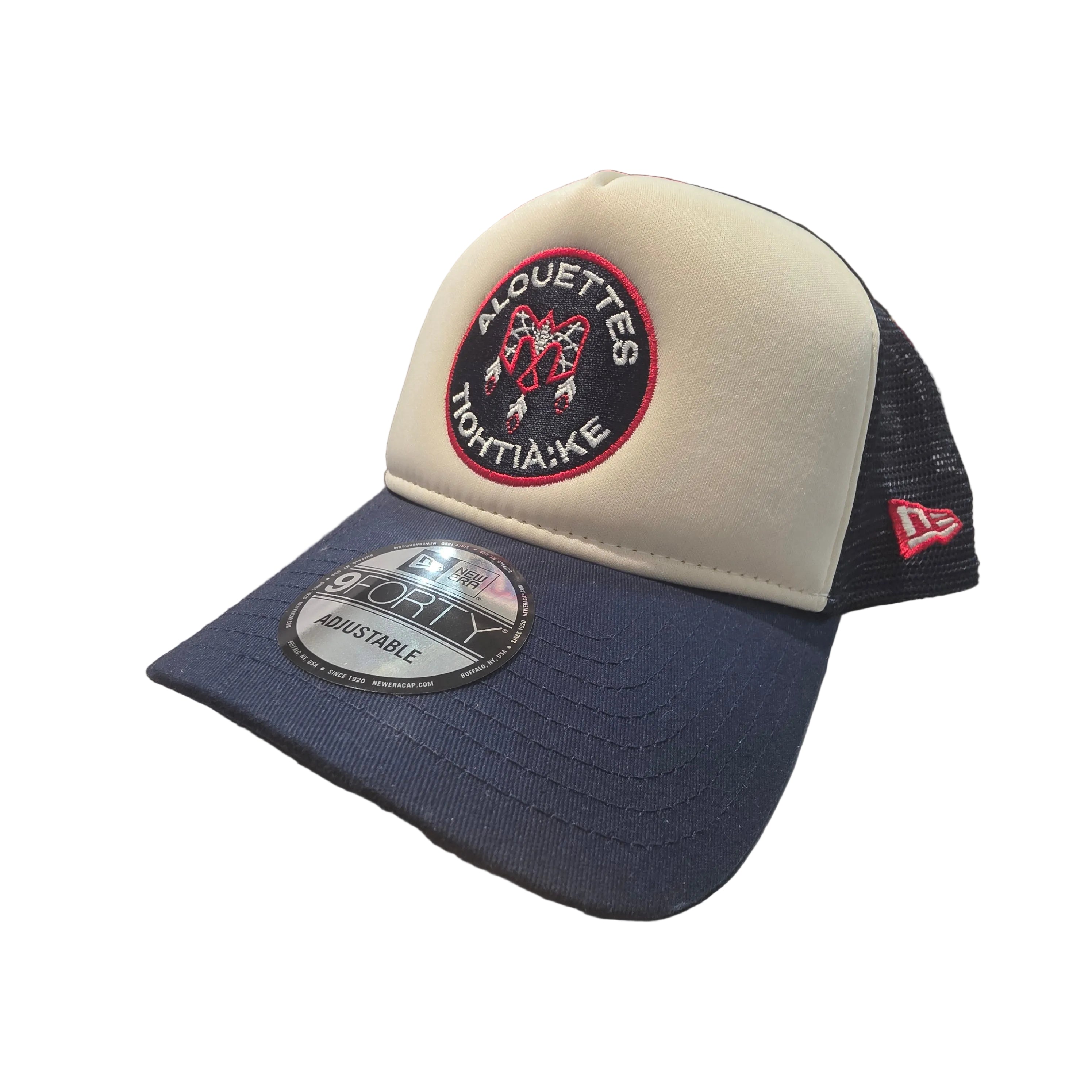 Casquette snapback ajustée de type camionneur 9Forty A-Frame New Era pour homme, beige et marine, des Alouettes de Montréal de la LCF