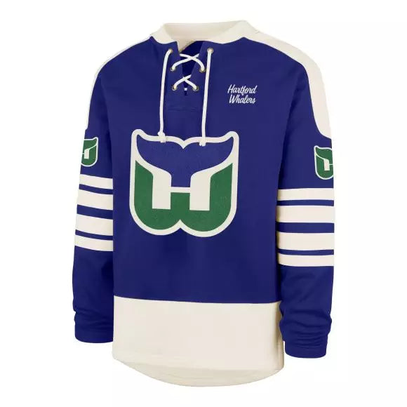 Hartford Whalers NHL 47 Brand Men's Royal Blue Golden Age Sweep Check Eternal Lacer Crew Sweater