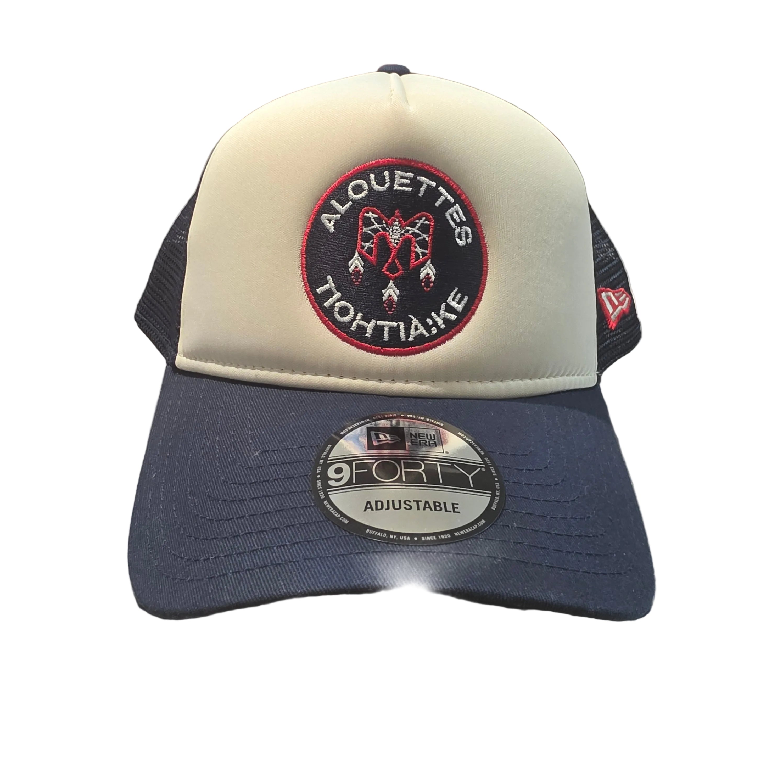 Casquette snapback ajustée de type camionneur 9Forty A-Frame New Era pour homme, beige et marine, des Alouettes de Montréal de la LCF