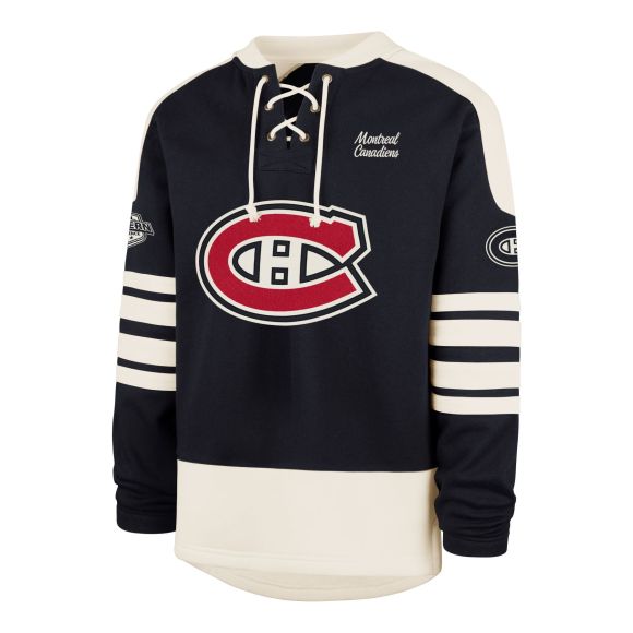 Montreal Canadiens NHL 47 Brand Men's Navy Golden Age Sweep Check Eternal Lacer Crew Sweater