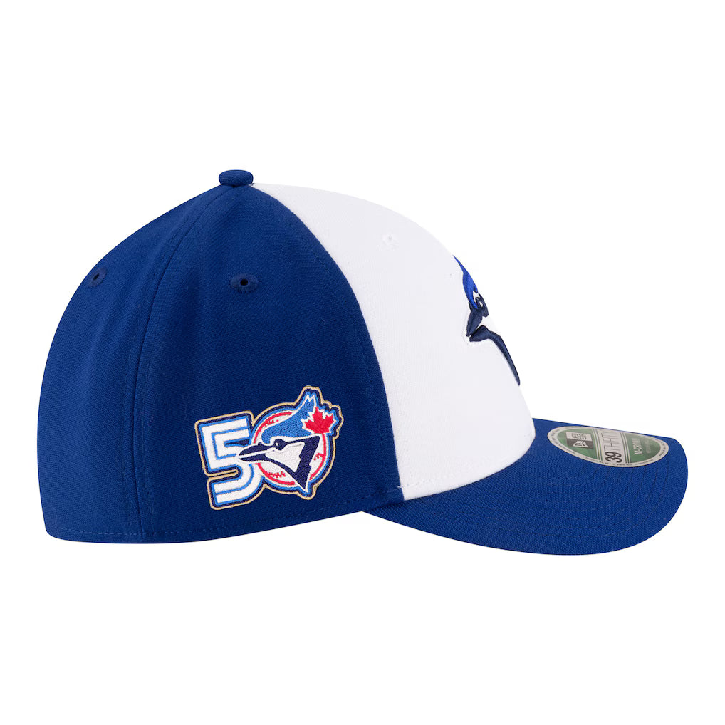Toronto Blue Jays MLB New Era Men's White/Royal 39Thirty M-Crown 50th Anniversary Player Replica Stretch Fit Hat
