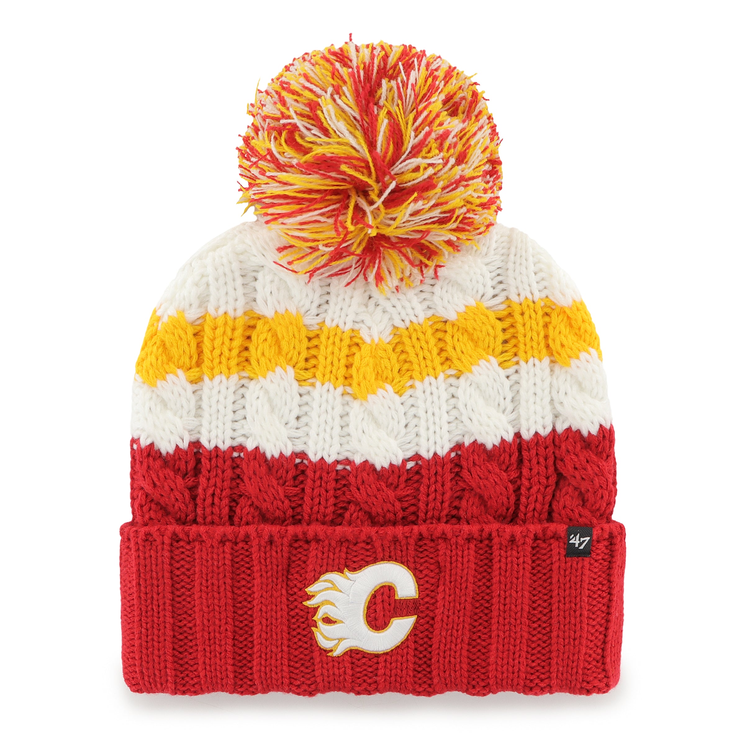 Bonnet en tricot à pompon Ashfield Cuff Pom pour femme, marque NHL 47 des Flames de Calgary, rouge/blanc/jaune