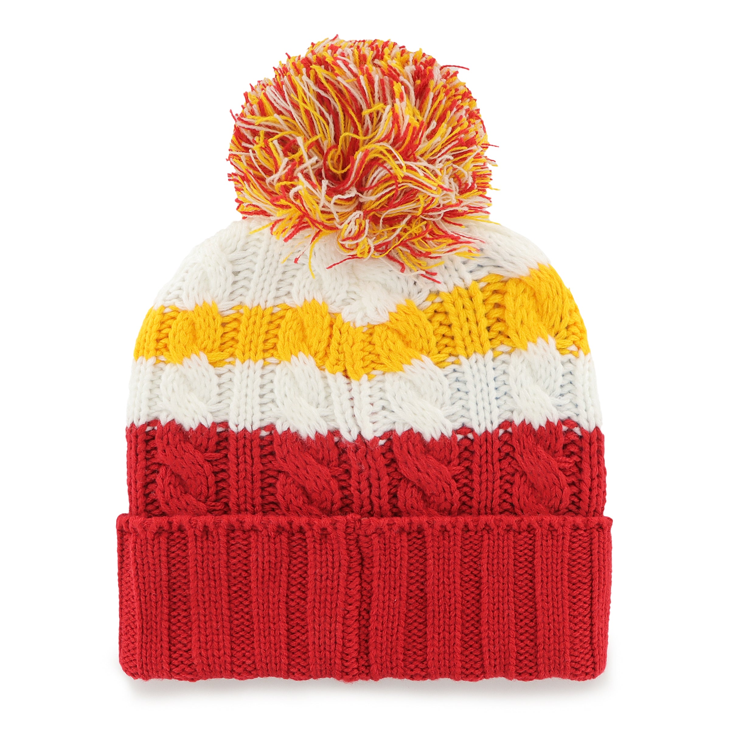 Bonnet en tricot à pompon Ashfield Cuff Pom pour femme, marque NHL 47 des Flames de Calgary, rouge/blanc/jaune