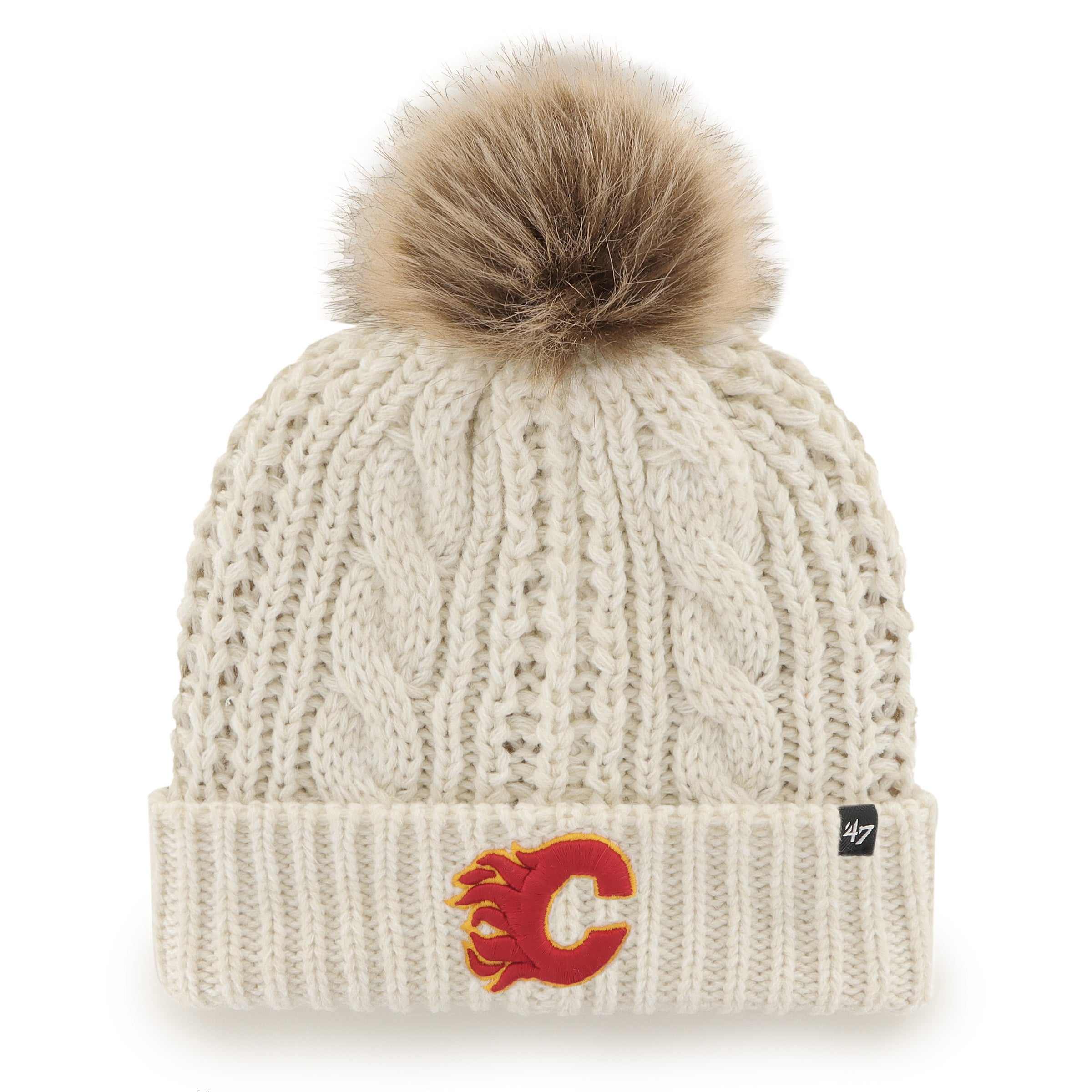 Calgary Flames NHL 47 Brand Women's Beige Meeko Cuff Pom Knit