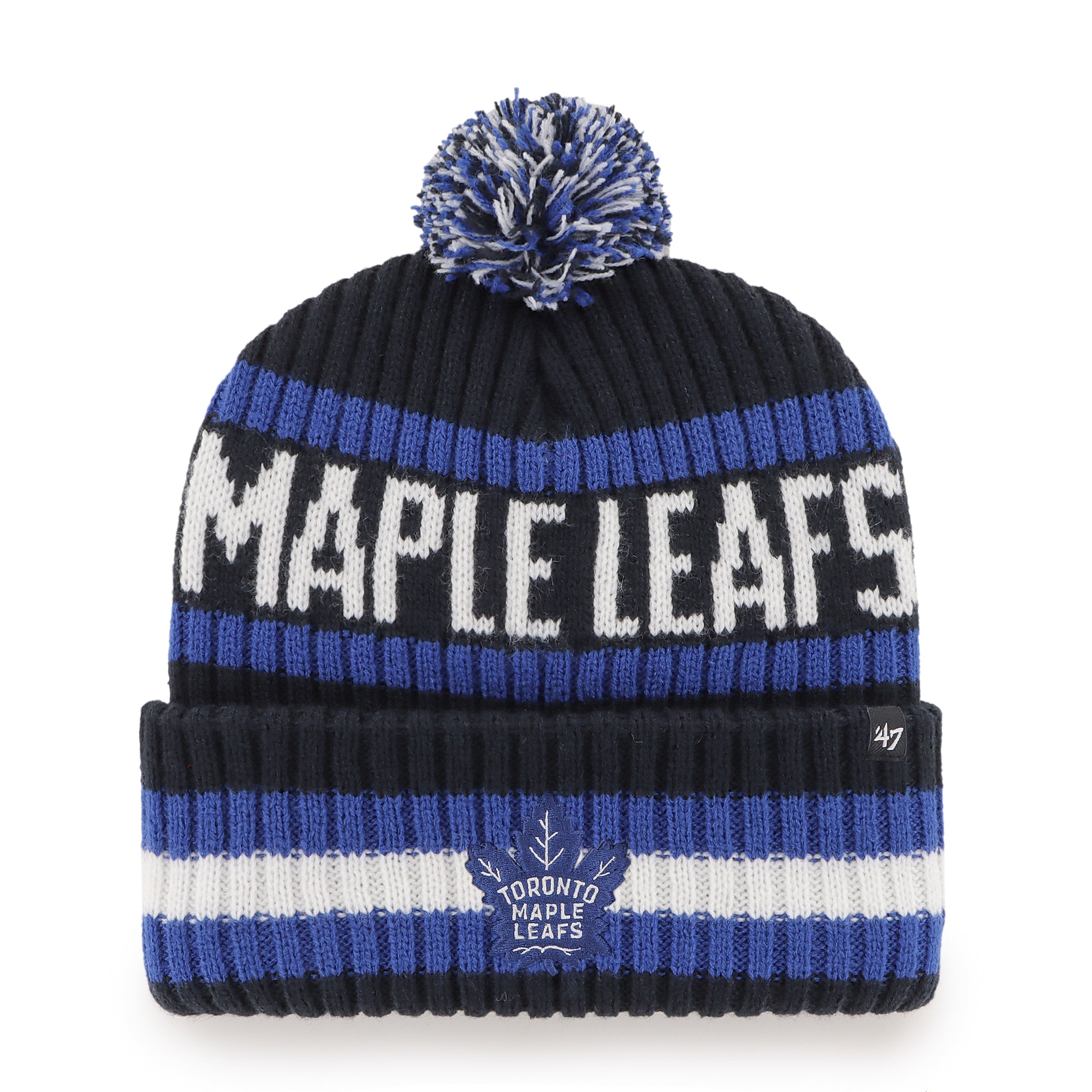 Toronto Maple Leafs NHL 47 Brand Men's Black/Royal Bering Cuff Pom Knit