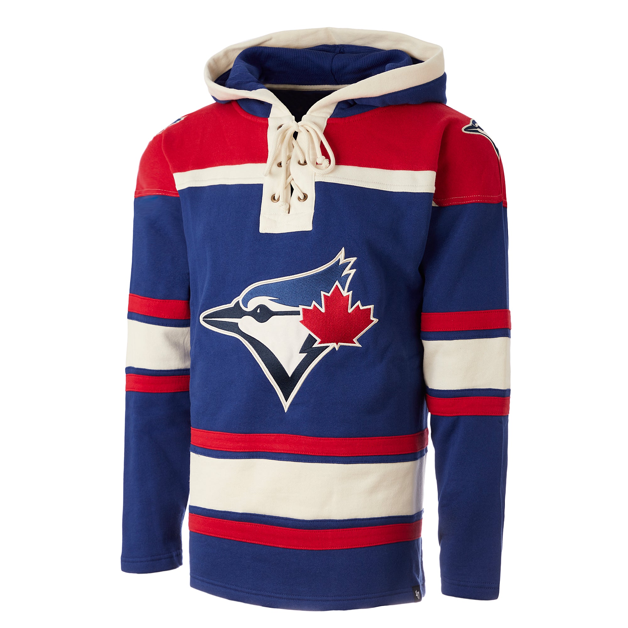 Sweat à capuche épais en dentelle bleu royal/rouge pour homme de la marque MLB 47 des Blue Jays de Toronto