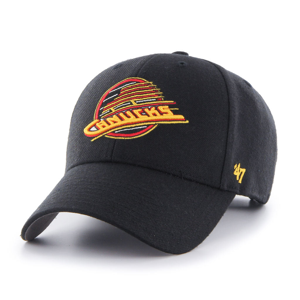 Casquette ajustable noire avec logo de patinage volant vintage MVP NHL 47 pour homme des Canucks de Vancouver