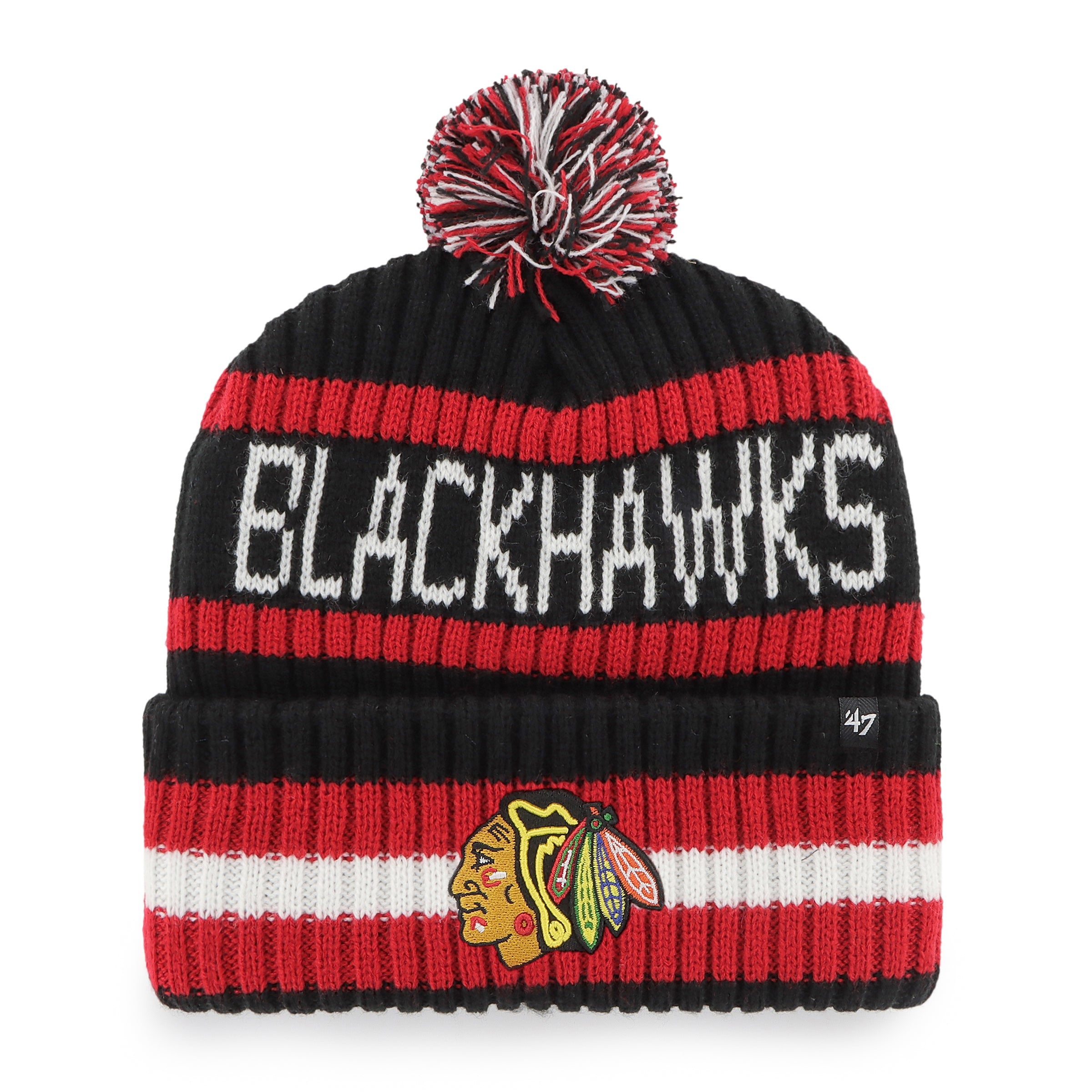 Chicago Blackhawks NHL 47 Brand Men's Red/Black Bering Cuff Pom Knit