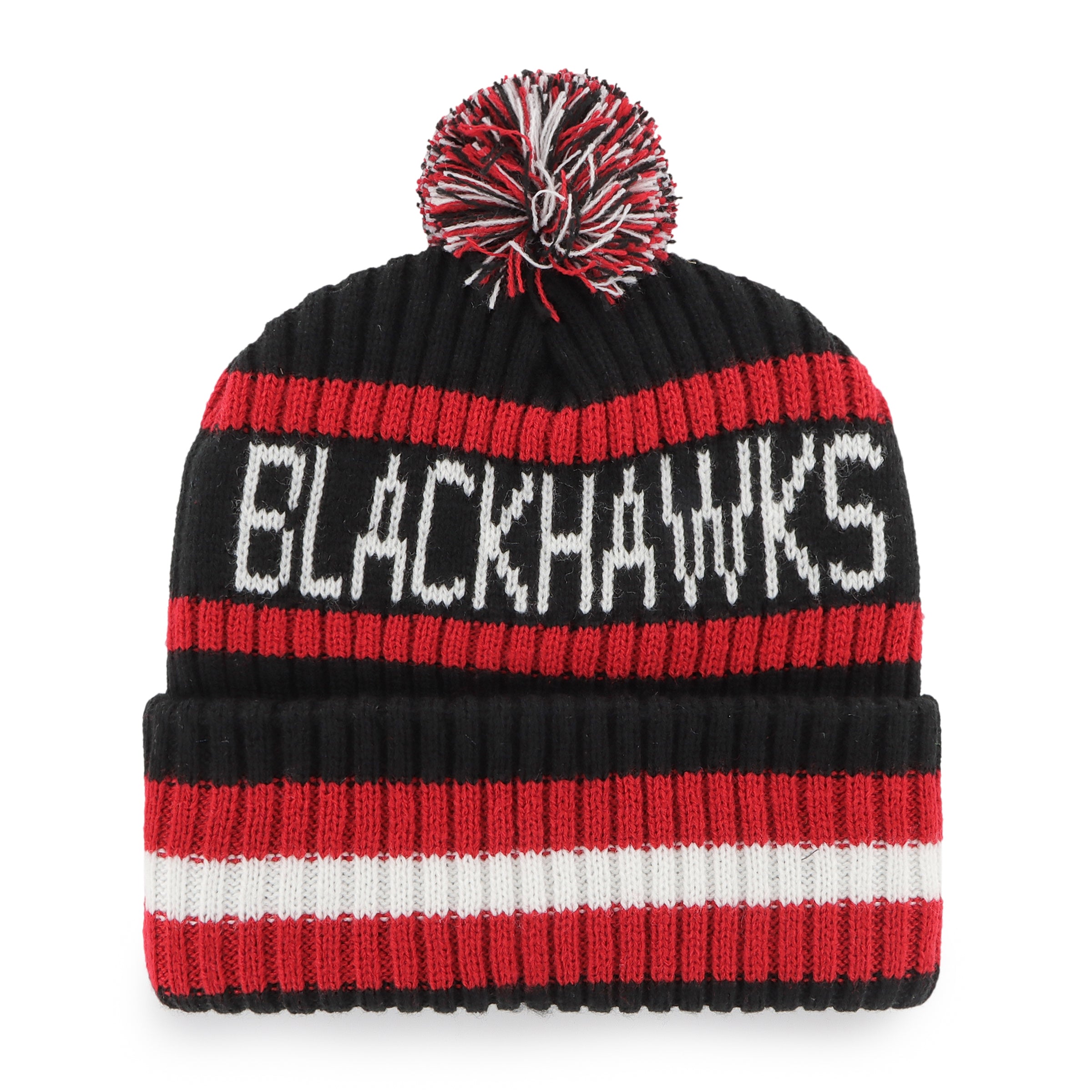 Chicago Blackhawks NHL 47 Brand Men's Red/Black Bering Cuff Pom Knit