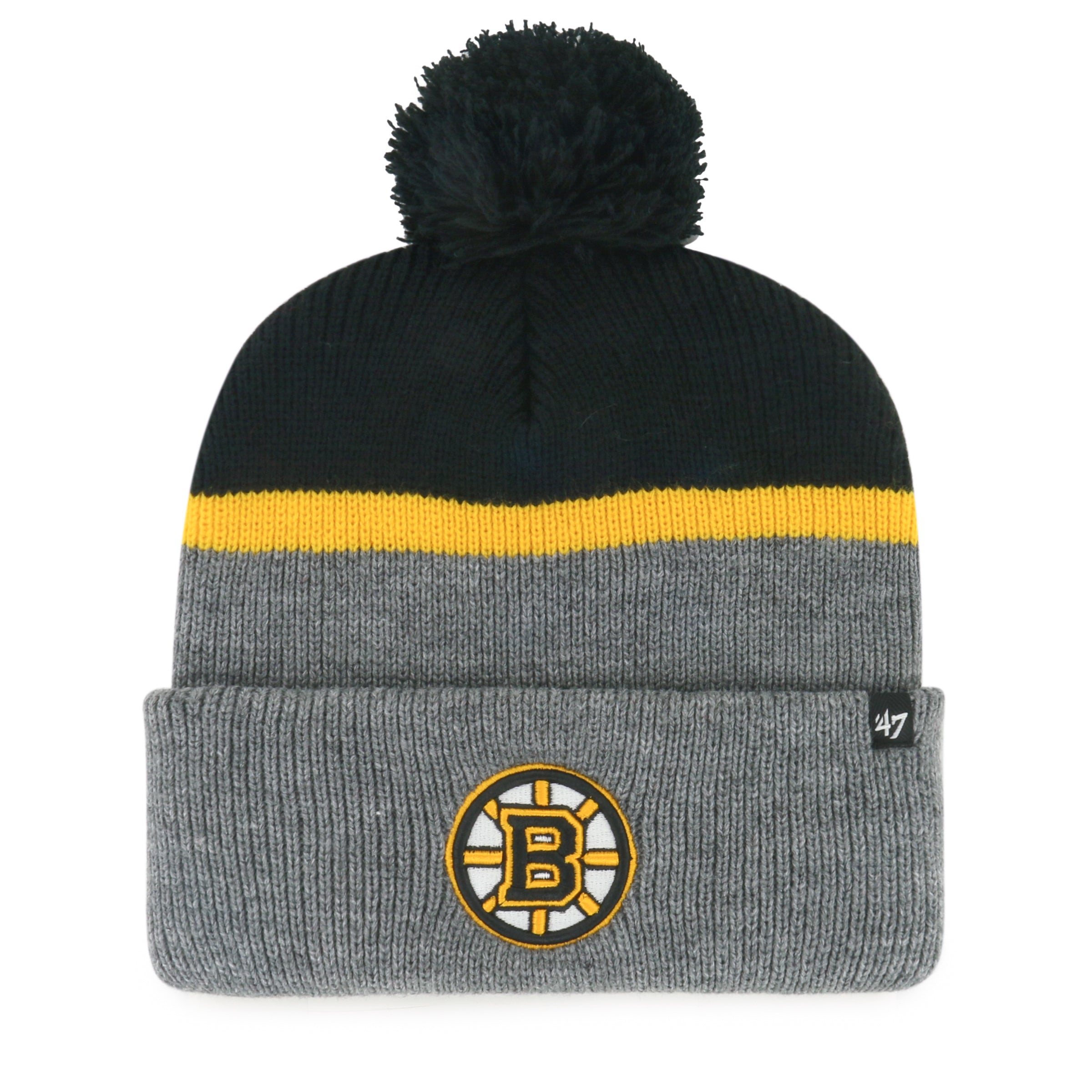 Bonnet tricoté à pompon noir/gris pour homme Boston Bruins NHL 47 Brand Split Shadow Cuff