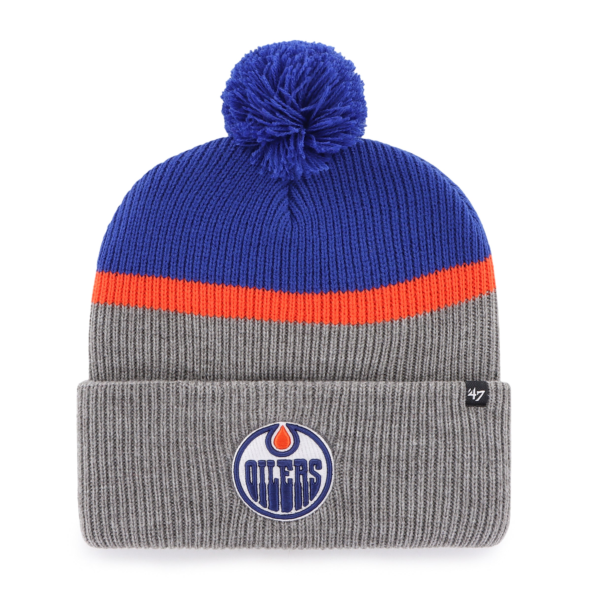 Bonnet tricoté à pompon fendu NHL 47 Brand pour homme des Oilers d'Edmonton, bleu royal/gris