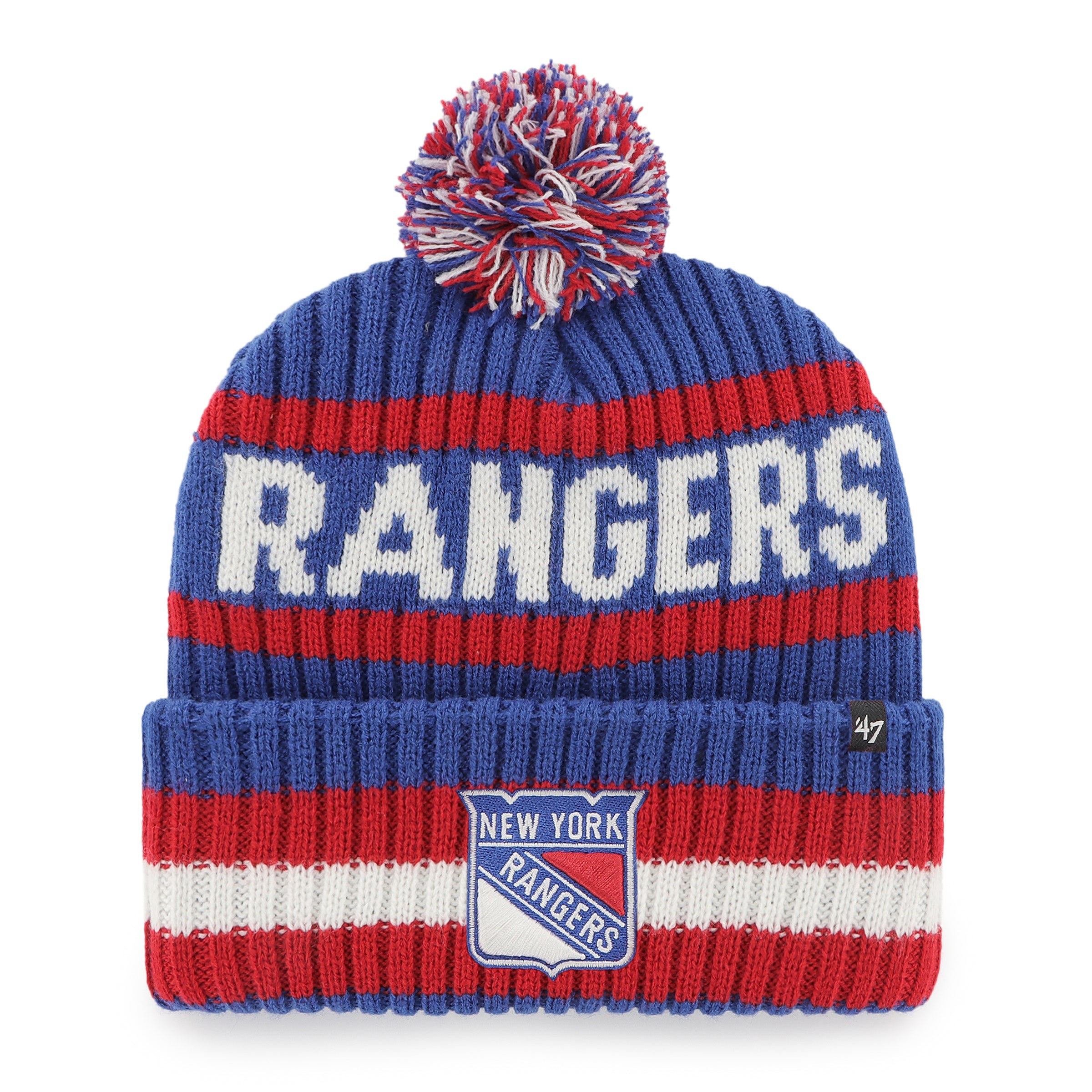 New York Rangers NHL 47 Brand Men's Roya/Redl Bering Cuff Pom Knit