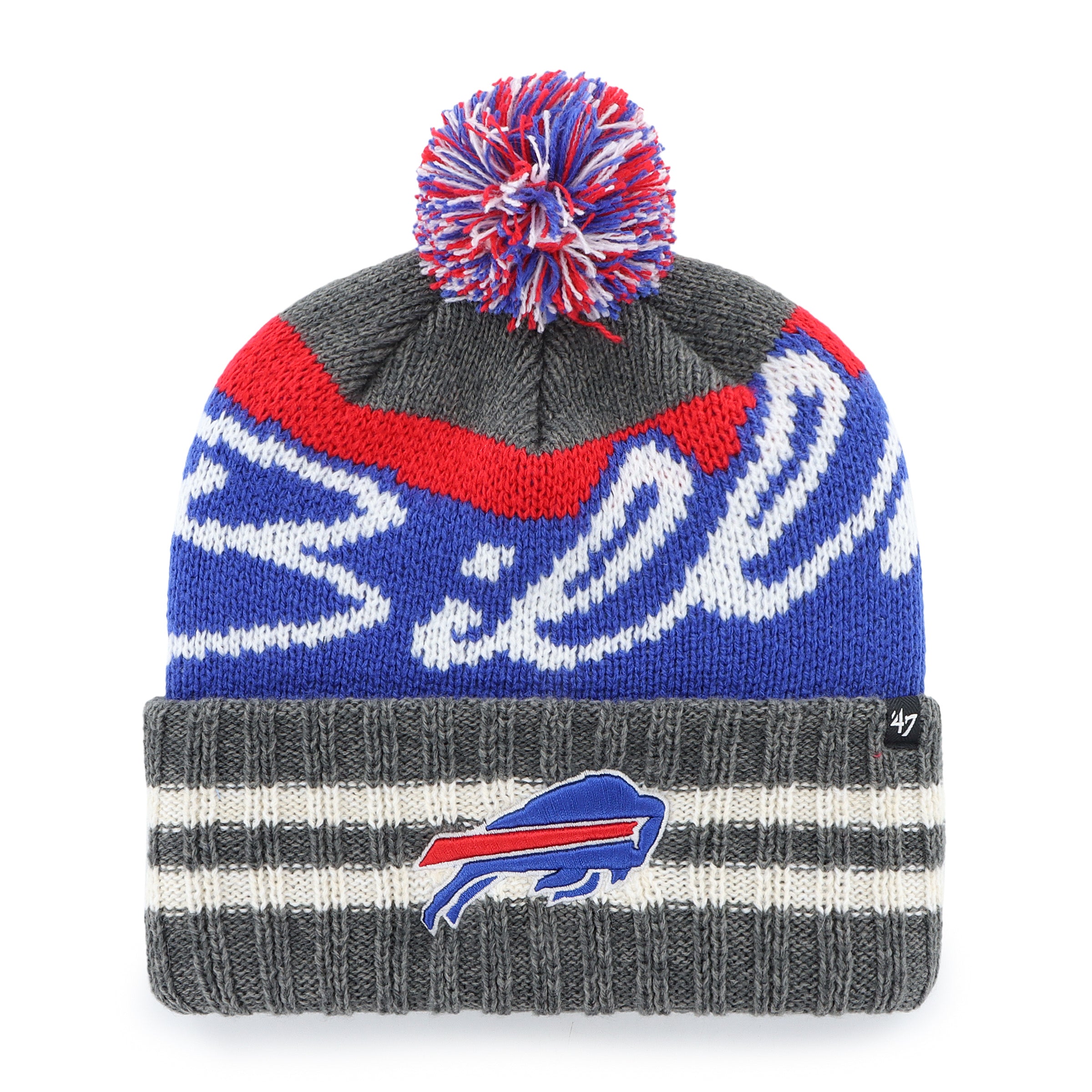 Buffalo Bills NFL 47 Brand Men's Royal/Grey Hyperbolic Cuff Pom Knit