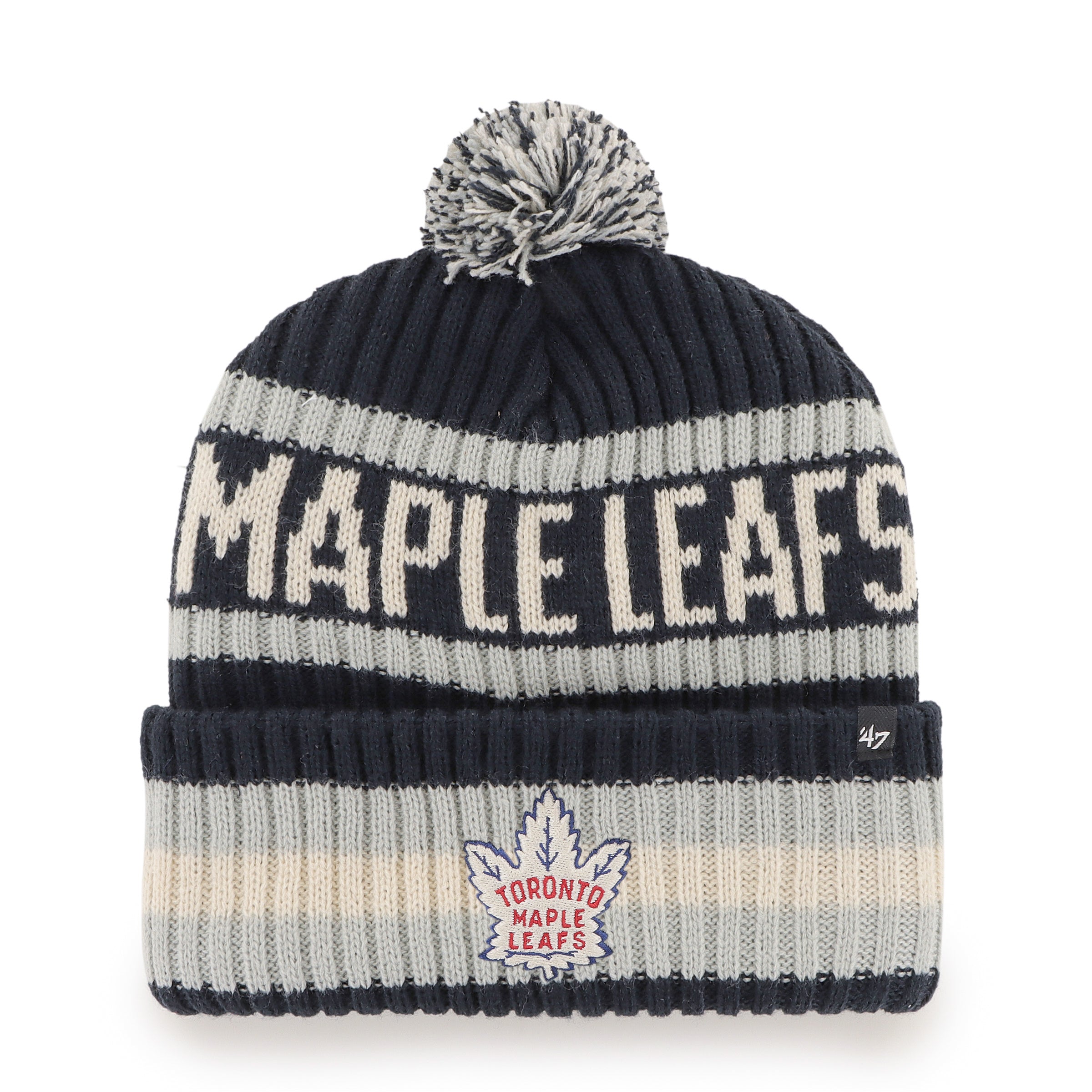 Toronto Maple Leafs NHL 47 Brand Men's Navy/Grey Vintage Bering Cuff Pom Knit