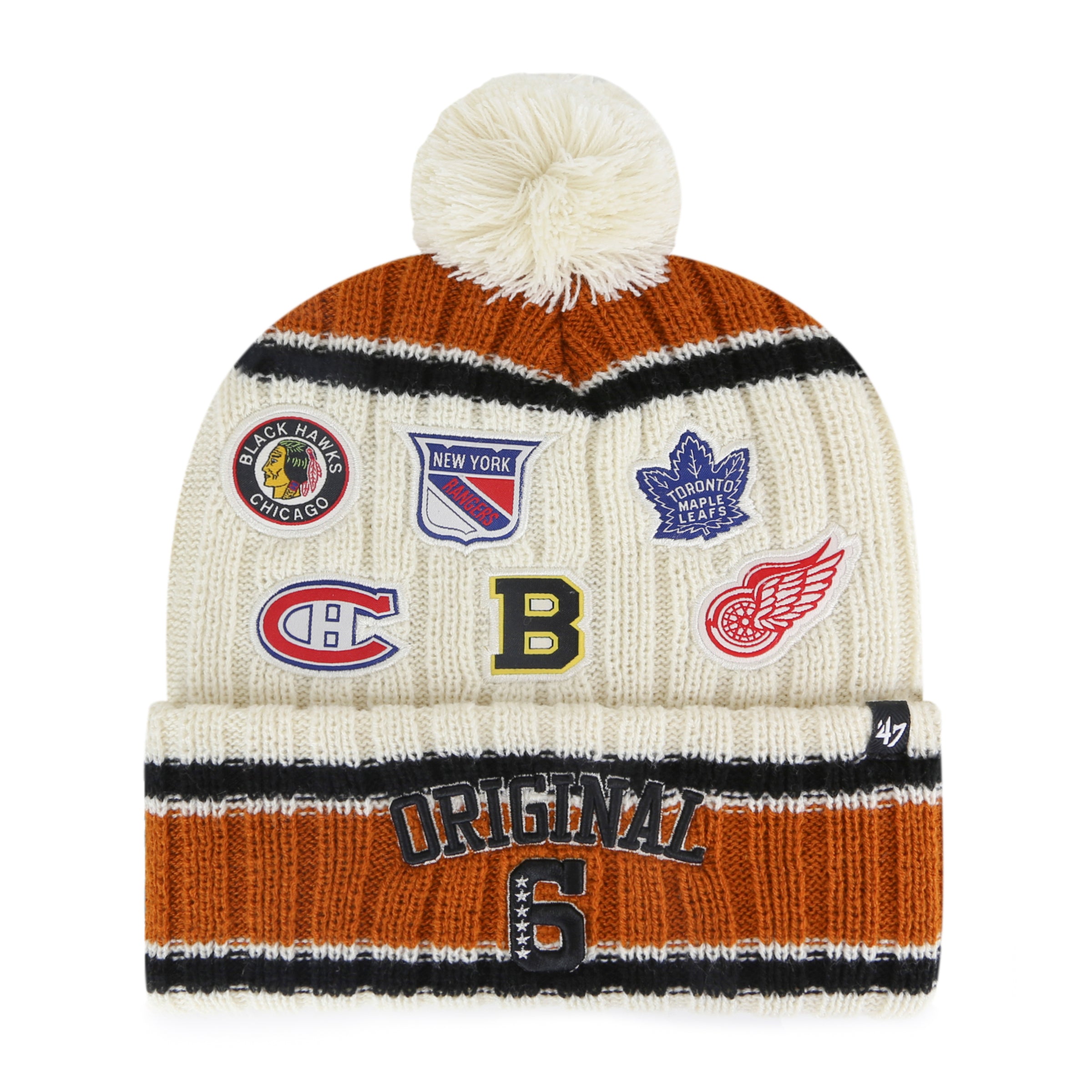 Original Six NHL 47 Brand Men's Cream Cluster Cuff Pom Knit Hat