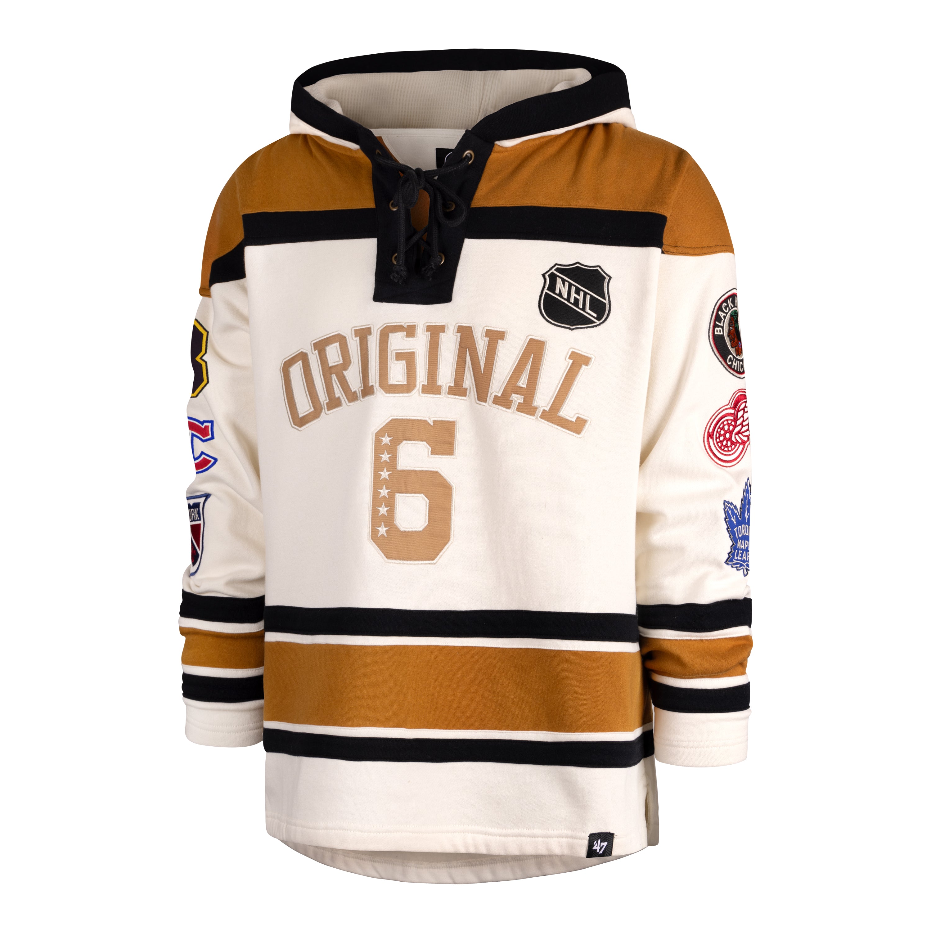 Original Six NHL 47 Brand Sweat à capuche épais vintage Lacer pour homme Crème/Or